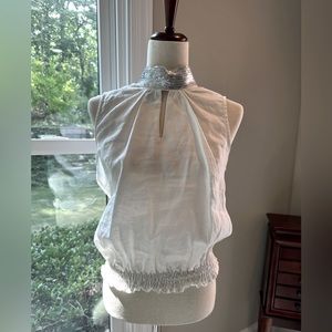 Crisp true white linen sleeveless top- silver sequins